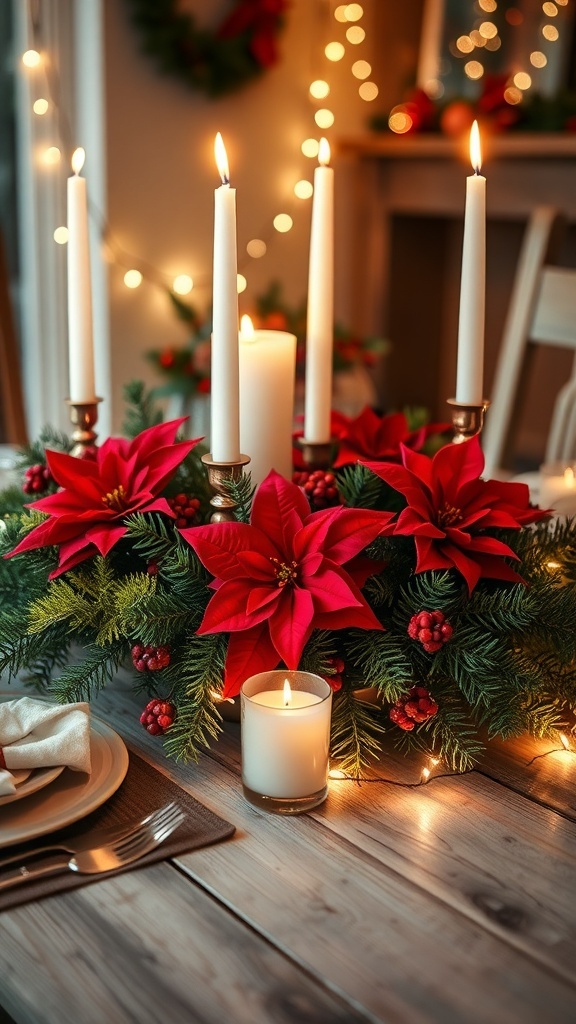 Elegant Christmas Dinner Centerpieces A festive Christmas dinner centerpiece with evergreen branches, poinsettias, and candles on a rustic table.